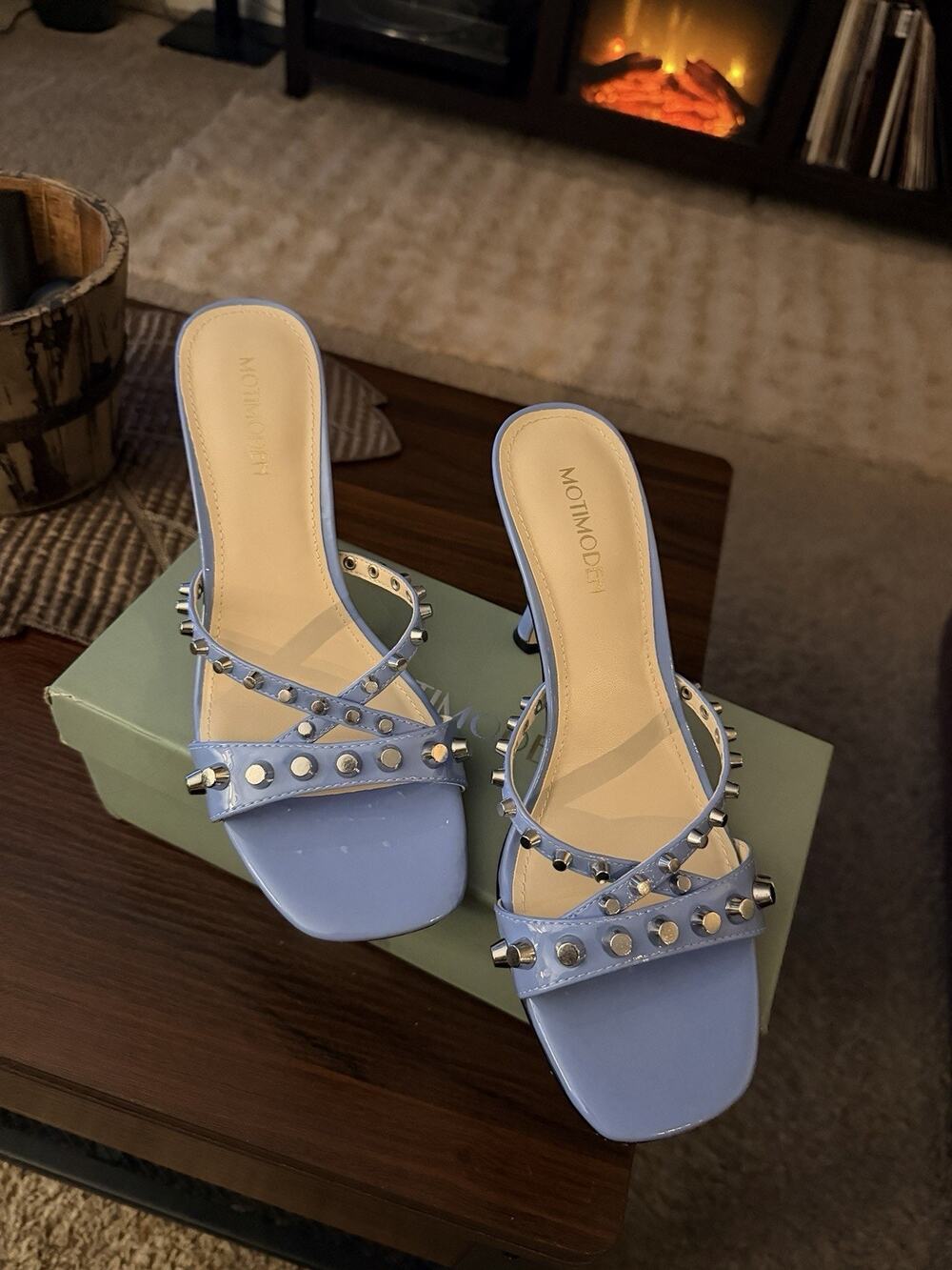 NOTIMODEN Women's Leather Blue Studded Strappy Slip-On Open Toe